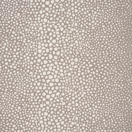 Fickle Texture Sand by Celerie Kemble for Schumacher - enlarged shagreen pattern wallpaper in neutral sand color, shown in room and detail views.