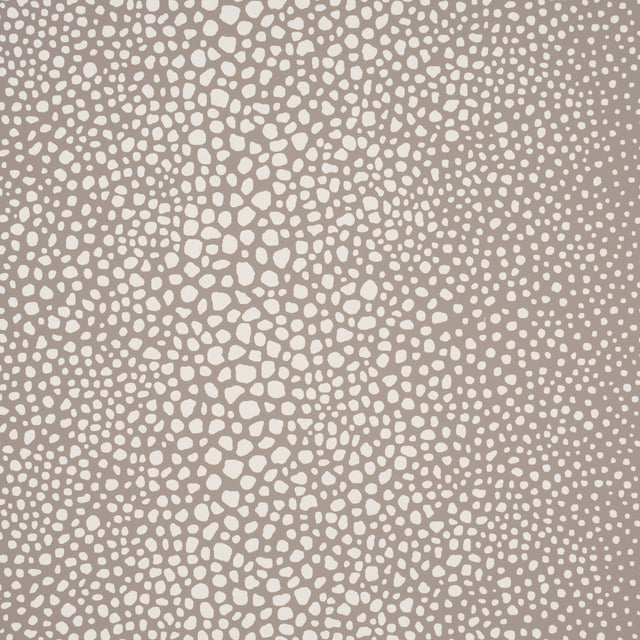 Fickle Texture Sand by Celerie Kemble for Schumacher - enlarged shagreen pattern wallpaper in neutral sand color, shown in room and detail views.