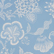 Hothouse Flowers Silhouette wallpaper in Bliss Blue by Celerie Kemble for Schumacher, large-scale white floral pattern on blue background.
