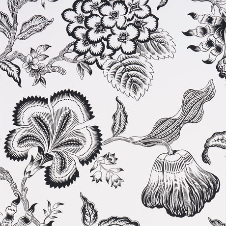 Hothouse Flowers Silhouette wallpaper in black and white by Celerie Kemble for Schumacher, featuring a large-scale floral vine pattern.
