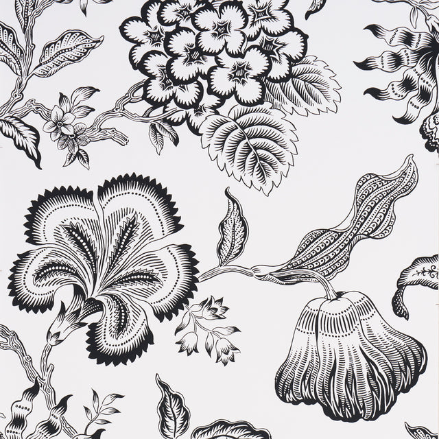 Hothouse Flowers Silhouette wallpaper in black and white by Celerie Kemble for Schumacher, featuring a large-scale floral vine pattern.