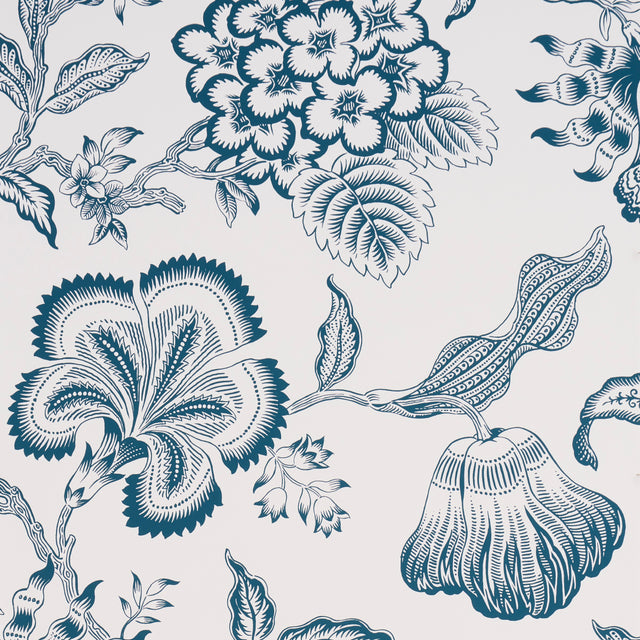 Hothouse Flowers Silhouette wallpaper in Peacock on White by Celerie Kemble for Schumacher, large scale floral vine pattern on wall and roll.
