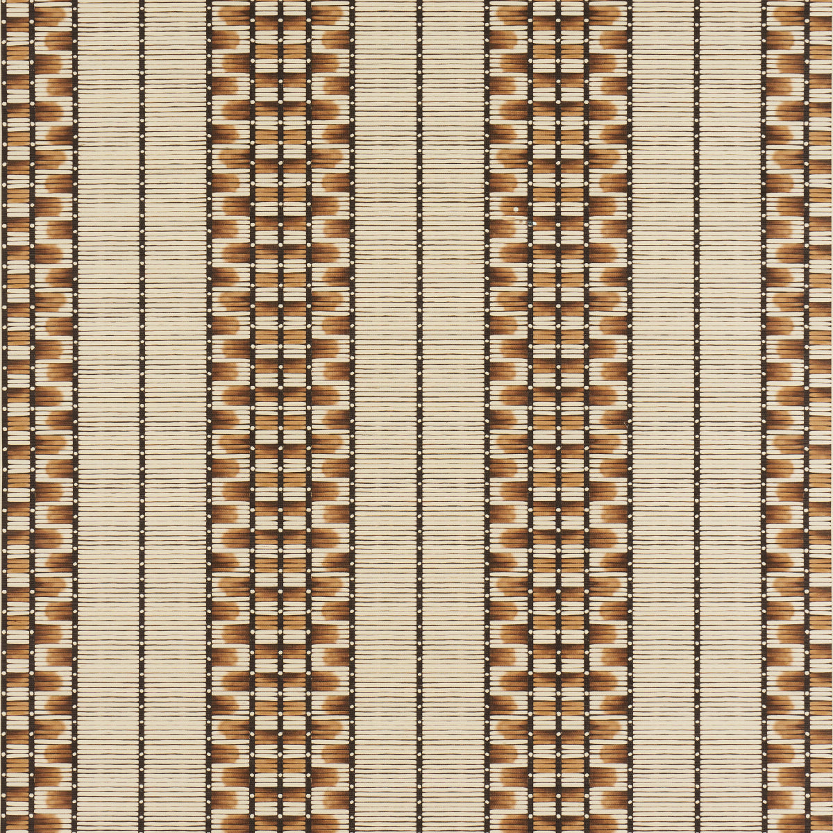 Quill Porcupine by Celerie Kemble for Schumacher. A sophisticated, multi-width stripe wallpaper inspired by 19th-century Anglo-Indian boxes, shown in a living room setting.