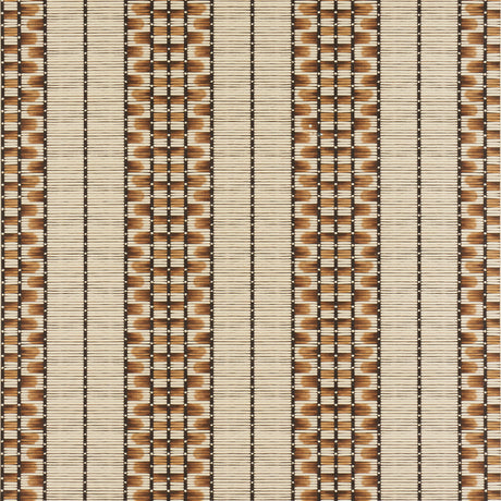 Quill Porcupine by Celerie Kemble for Schumacher. A sophisticated, multi-width stripe wallpaper inspired by 19th-century Anglo-Indian boxes, shown in a living room setting.