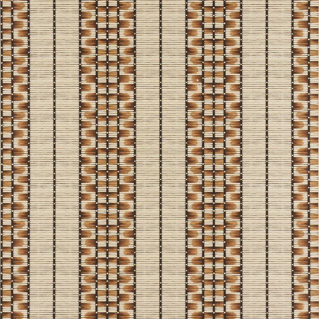 Quill Porcupine by Celerie Kemble for Schumacher. A sophisticated, multi-width stripe wallpaper inspired by 19th-century Anglo-Indian boxes, shown in a living room setting.