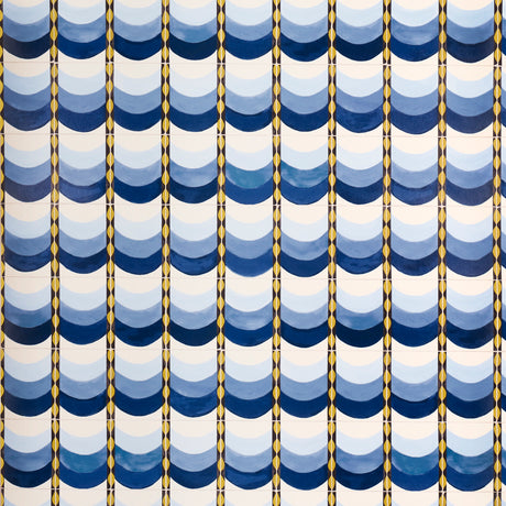 Sintra wallpaper by Celerie Kemble for Schumacher, featuring a blue ombré trompe-l'œil tile swag pattern inspired by Portuguese tilework.