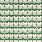 Sintra by Celerie Kemble for Schumacher, green trompe-l'oeil tile-inspired wallpaper with ombré stripes, shown in a bathroom interior and close-up views.