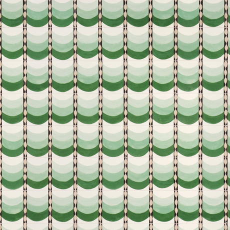 Sintra by Celerie Kemble for Schumacher, green trompe-l'oeil tile-inspired wallpaper with ombré stripes, shown in a bathroom interior and close-up views.