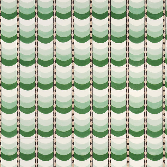 Sintra by Celerie Kemble for Schumacher, green trompe-l'oeil tile-inspired wallpaper with ombré stripes, shown in a bathroom interior and close-up views.
