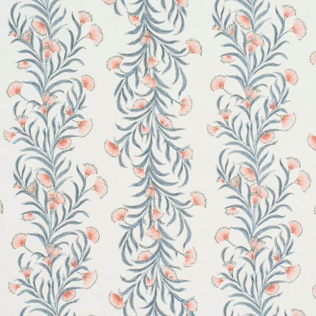 Tasmanian Mimosa wallpaper by Celerie Kemble for Schumacher in pink and grey, featuring large-scale botanical stripes and bottle-brush blooms.