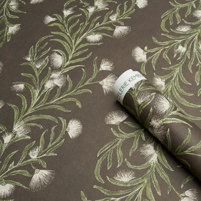 Tasmanian Mimosa Brown & Green by Celerie Kemble Botanical Stripe Wallpaper – Schumacher 5015361