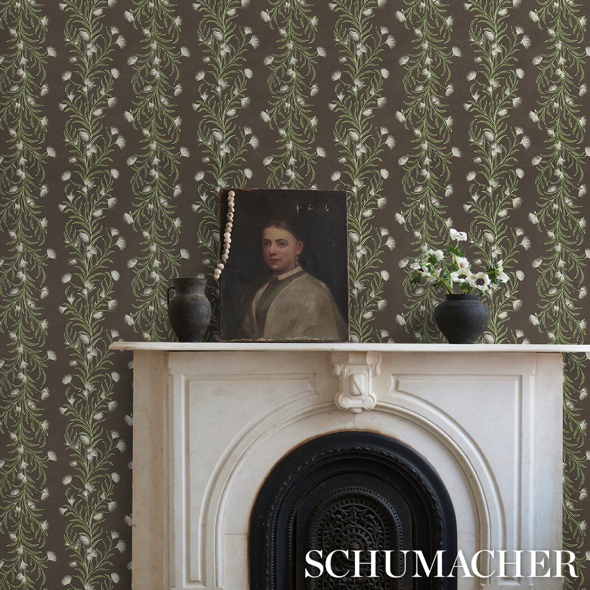 Tasmanian Mimosa Brown & Green by Celerie Kemble Botanical Stripe Wallpaper – Schumacher 5015361