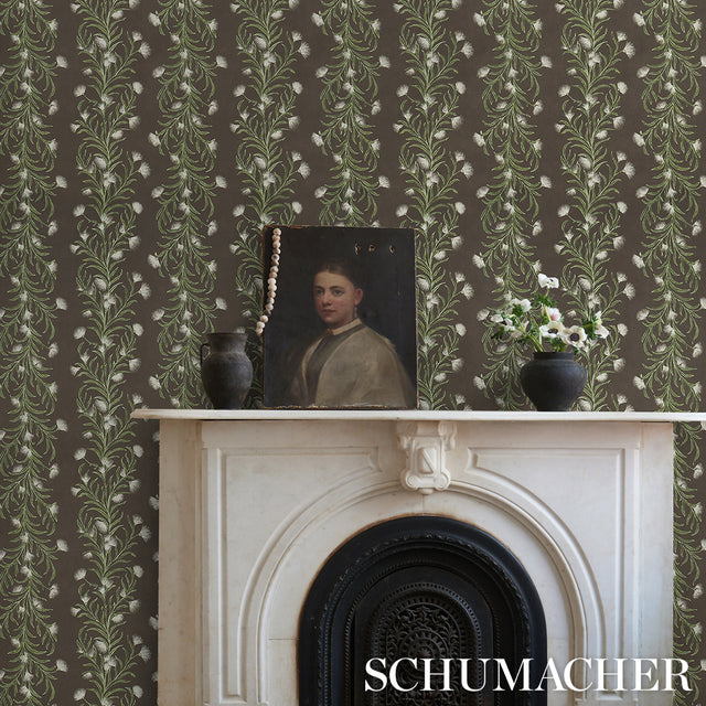Tasmanian Mimosa Brown & Green by Celerie Kemble Botanical Stripe Wallpaper – Schumacher 5015361