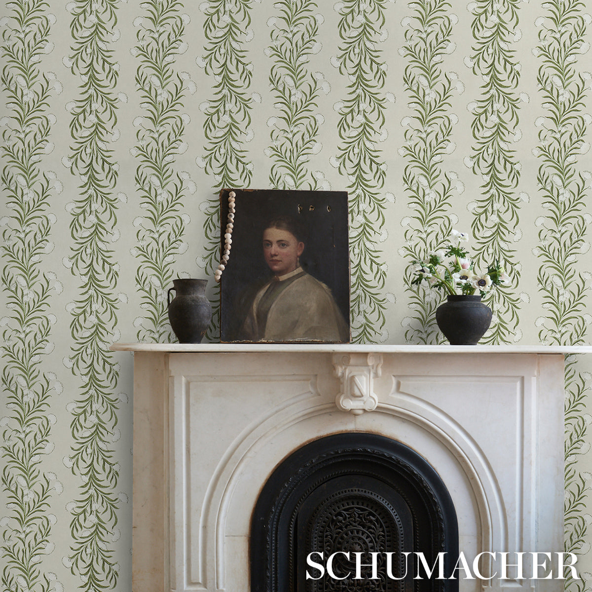 Tasmanian Mimosa Ivory & Green by Schumacher Botanical Stripe Wallpaper – Celerie Kemble 5015362