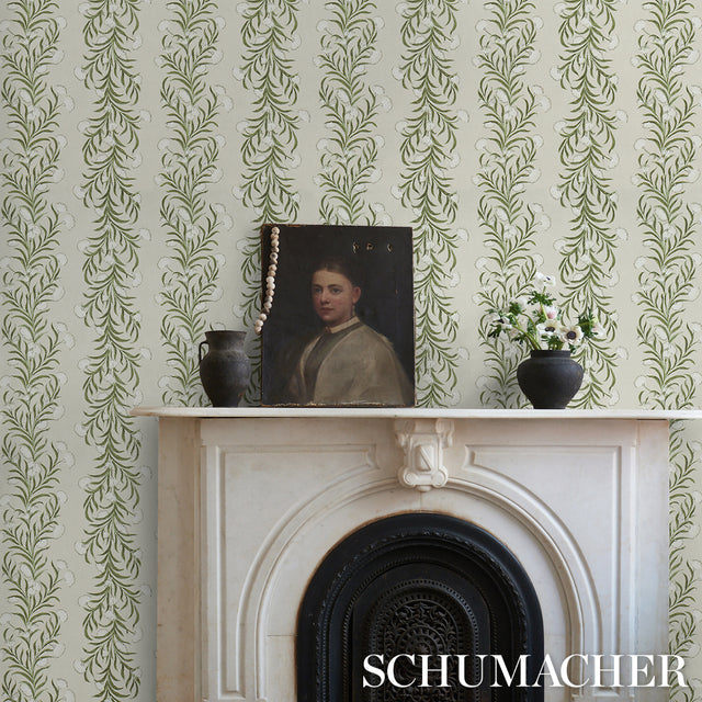 Tasmanian Mimosa Ivory & Green by Schumacher Botanical Stripe Wallpaper – Celerie Kemble 5015362