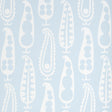 Paisley Peas wallpaper in Sky by Schumacher, featuring a playful paisley and peapod motif in light blue and white.