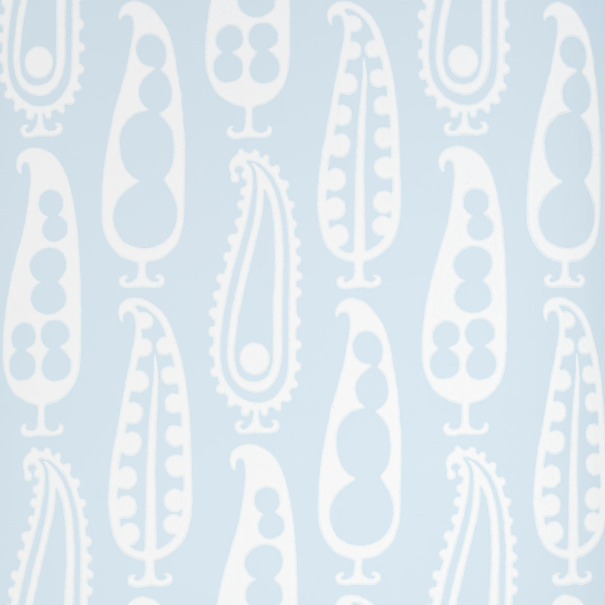 Paisley Peas wallpaper in Sky by Schumacher, featuring a playful paisley and peapod motif in light blue and white.
