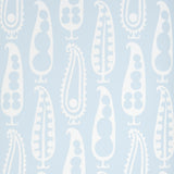Paisley Peas wallpaper in Sky by Schumacher, featuring a playful paisley and peapod motif in light blue and white.