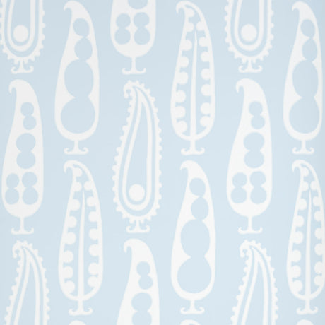 Paisley Peas wallpaper in Sky by Schumacher, featuring a playful paisley and peapod motif in light blue and white.
