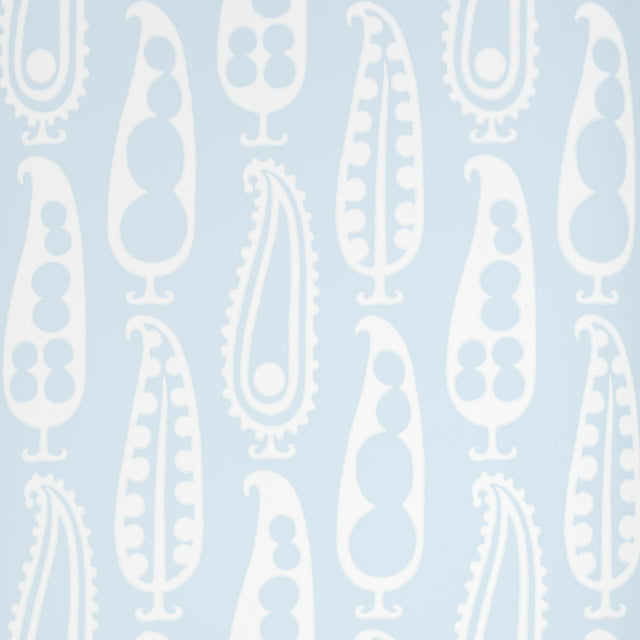 Paisley Peas wallpaper in Sky by Schumacher, featuring a playful paisley and peapod motif in light blue and white.