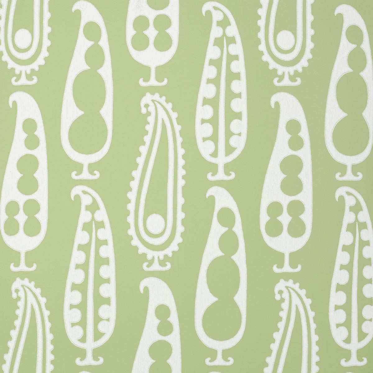 Paisley Peas wallpaper in green by Drusus Tabor for Schumacher, featuring a playful paisley and peapod motif on a non-woven material.