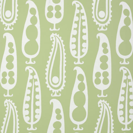 Paisley Peas wallpaper in green by Drusus Tabor for Schumacher, featuring a playful paisley and peapod motif on a non-woven material.