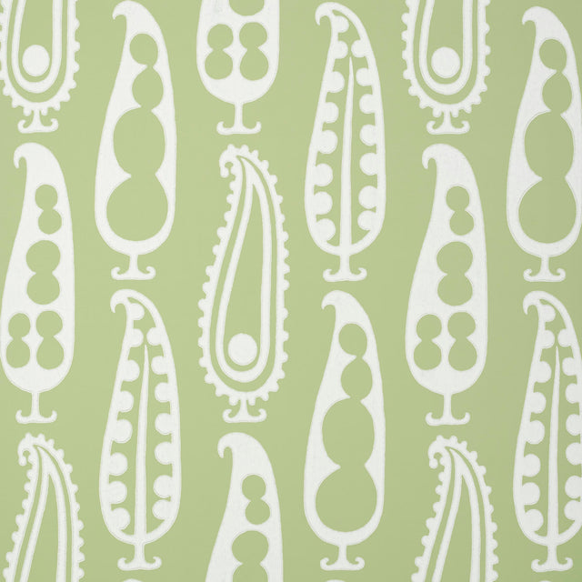 Paisley Peas wallpaper in green by Drusus Tabor for Schumacher, featuring a playful paisley and peapod motif on a non-woven material.