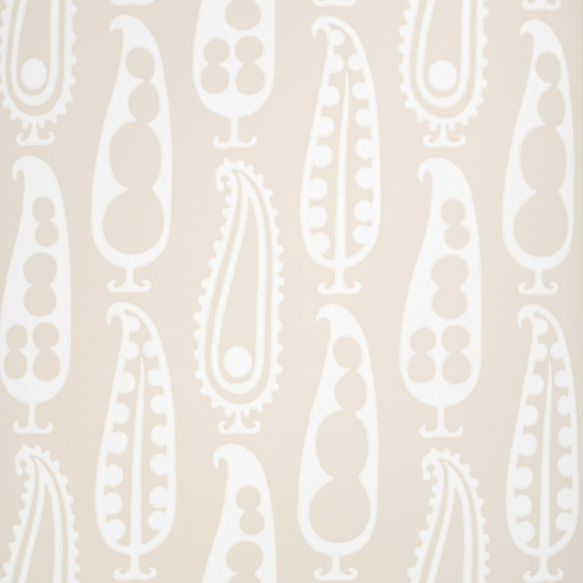 Paisley Peas wallpaper in Natural by Drusus Tabor for Schumacher, featuring a modern paisley and peapod motif in a neutral colorway.