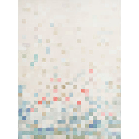 Madame de Pixel Panel Set by David Kaihoi for Schumacher. Abstract pixelated mural wallpaper in multi-color squares, shown in a modern interior setting.