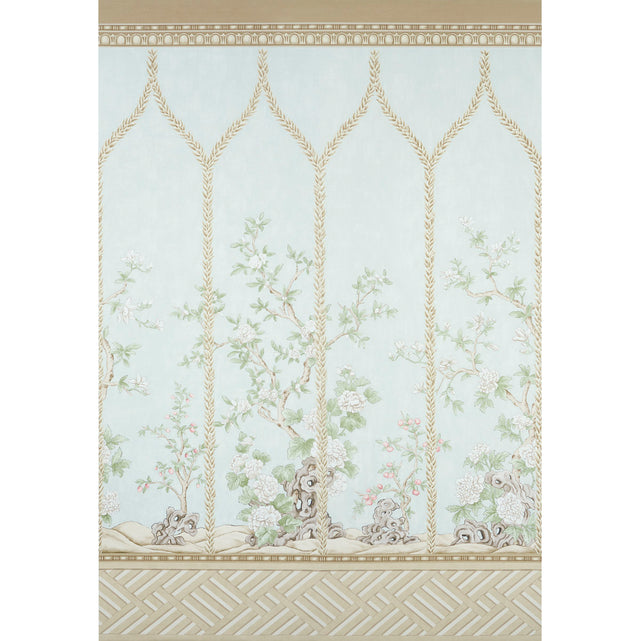 Victoria Panel Set wallpaper in Mineral by Schumacher, featuring hand-painted chinoiserie floral and arch design in soft pastel tones.