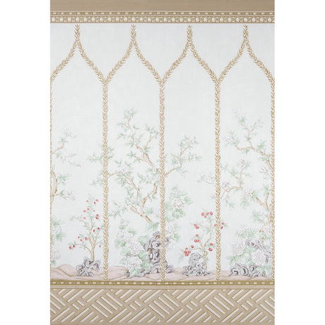 Victoria Panel Set wallpaper in Stone by Schumacher, featuring hand-painted chinoiserie floral and arch design in soft neutral tones.