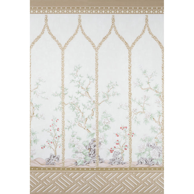 Victoria Panel Set wallpaper in Stone by Schumacher, featuring hand-painted chinoiserie floral and arch design in soft neutral tones.