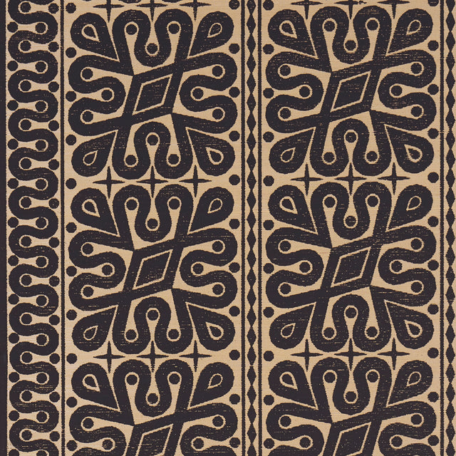 Borneo Grasscloth wallpaper by Schumacher in black, featuring a bold, hand screen printed Southeast Asian-inspired pattern designed by Celerie Kemble.