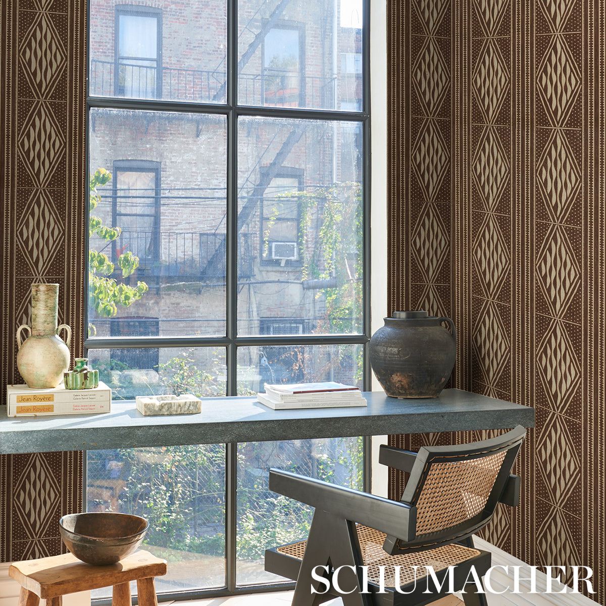 Cassava Tobacco by Schumacher Earth and Sky Collection Vertical Stripe Diamond Wallpaper – 5015420