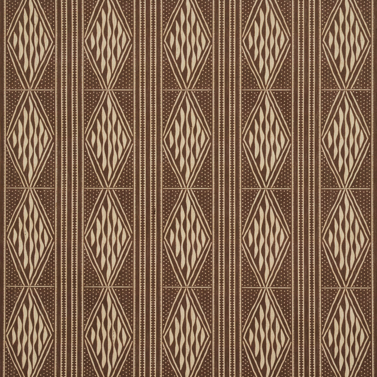 Cassava Tobacco by Schumacher - Earth and Sky Collection. Vertical stripe wallpaper with diamond detail in brown and beige tones.