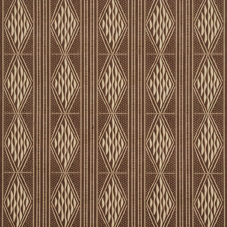Cassava Tobacco by Schumacher - Earth and Sky Collection. Vertical stripe wallpaper with diamond detail in brown and beige tones.