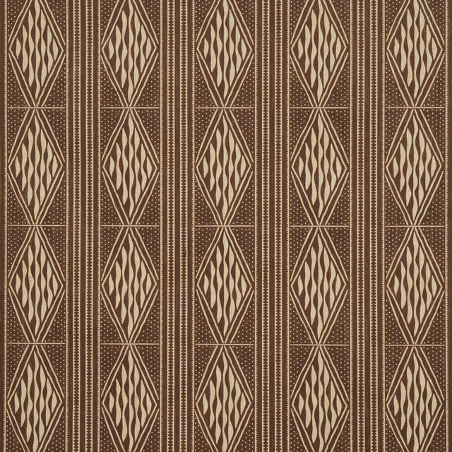 Cassava Tobacco by Schumacher - Earth and Sky Collection. Vertical stripe wallpaper with diamond detail in brown and beige tones.