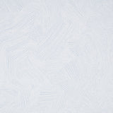 Labyrinth Grand wallpaper in Sky by Schumacher, large-scale geometric pattern in light blue and white, shown in a styled bedroom interior.
