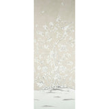 Chinois Palais Panel wallpaper in stone by Mary McDonald for Schumacher, featuring exotic birds and cherry blossoms in a chinoiserie style.