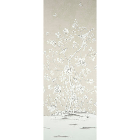 Chinois Palais Panel wallpaper in stone by Mary McDonald for Schumacher, featuring exotic birds and cherry blossoms in a chinoiserie style.