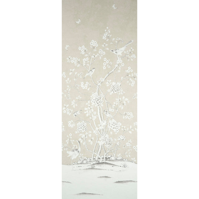 Chinois Palais Panel wallpaper in stone by Mary McDonald for Schumacher, featuring exotic birds and cherry blossoms in a chinoiserie style.
