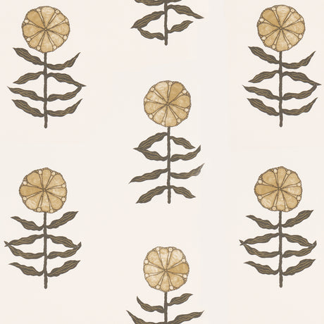 Pretty Petals wallpaper by Marian McEvoy for Schumacher, featuring stylized neutral flowers inspired by Central Asian textiles.