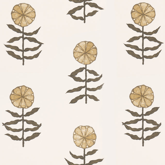 Pretty Petals wallpaper by Marian McEvoy for Schumacher, featuring stylized neutral flowers inspired by Central Asian textiles.