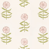 Pretty Petals wallpaper in Blush by Marian McEvoy for Schumacher, featuring stylized pink flowers and green stems on a light background.