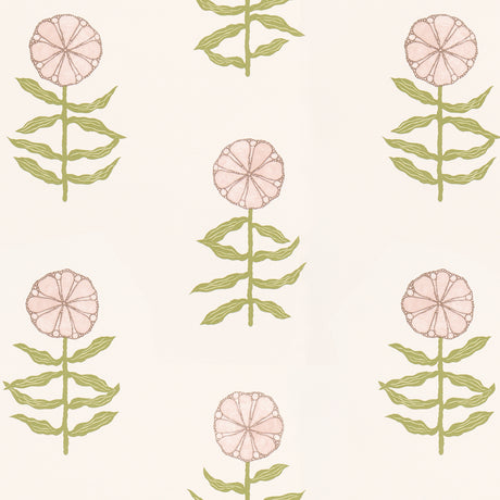 Pretty Petals wallpaper in Blush by Marian McEvoy for Schumacher, featuring stylized pink flowers and green stems on a light background.