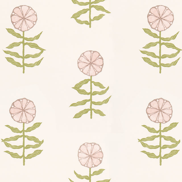 Pretty Petals wallpaper in Blush by Marian McEvoy for Schumacher, featuring stylized pink flowers and green stems on a light background.