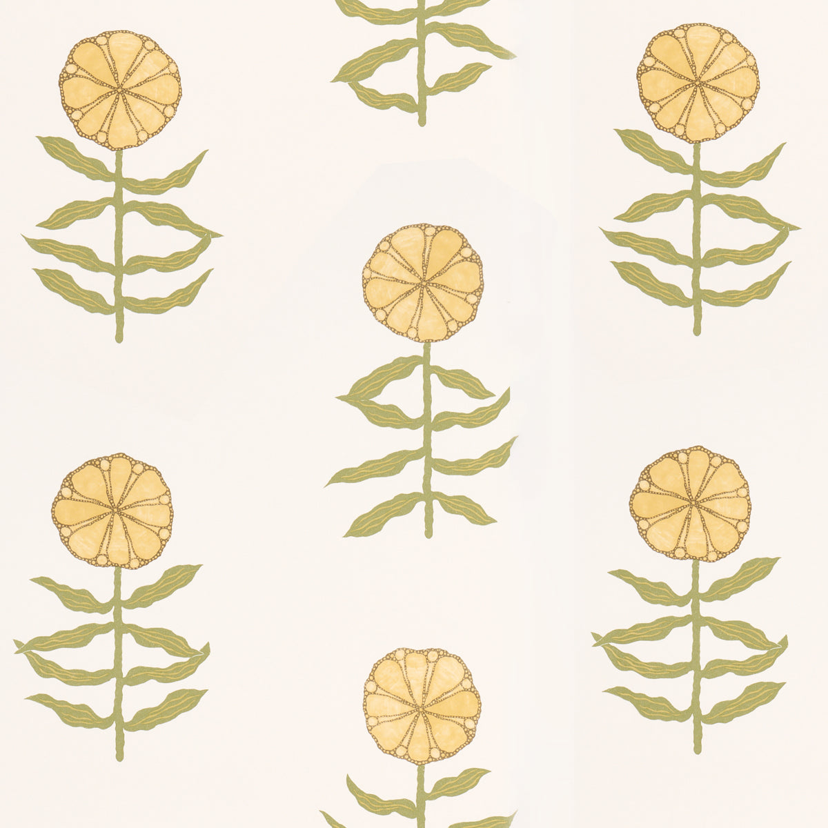 Pretty Petals wallpaper in soft yellow by Marian McEvoy for Schumacher, featuring stylized floral motifs on a light background.