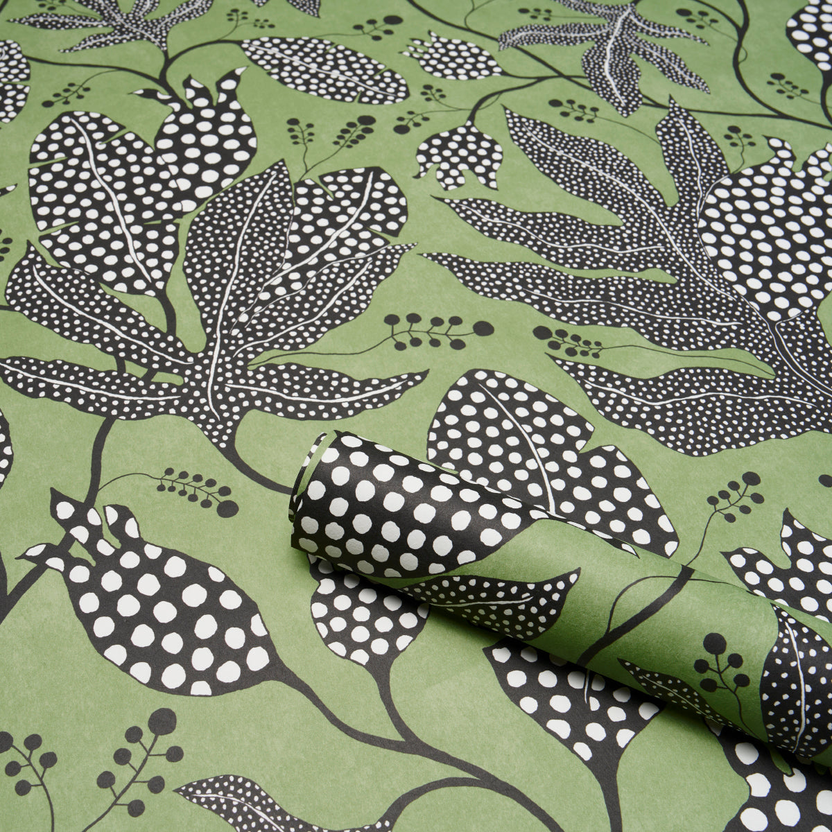 Polka Dot Jungle Black & Green Botanical Wallpaper – Schumacher 5015460