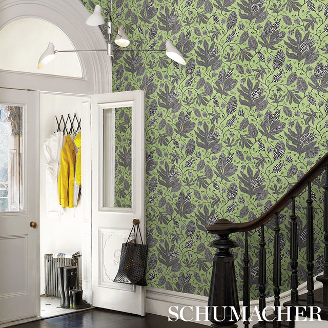 Polka Dot Jungle Black & Green Botanical Wallpaper – Schumacher 5015460