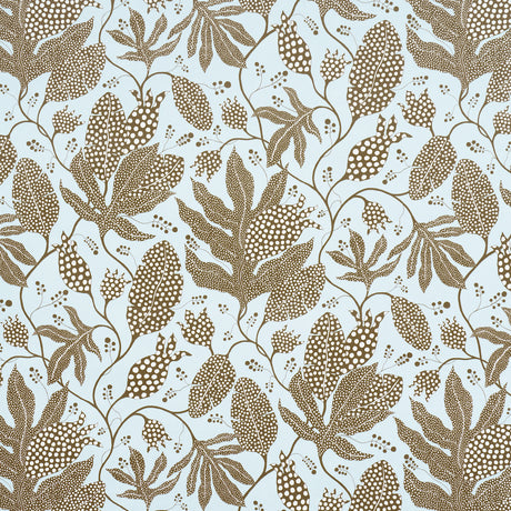 Polka Dot Jungle wallpaper by Marian McEvoy for Schumacher in brown and sky blue, featuring a large-scale botanical polka dot pattern.